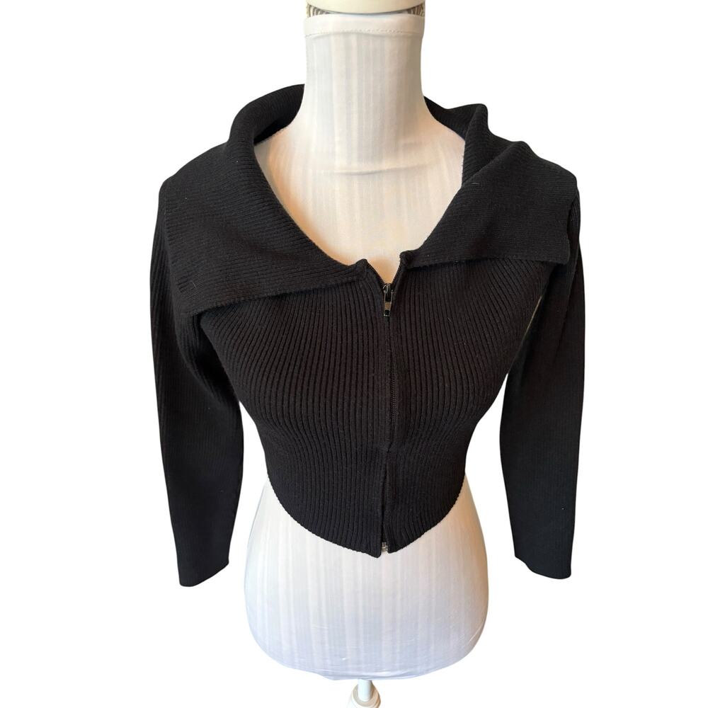 Vanesa Matere Black Ribbed Cropped Sweater Zipper Size M